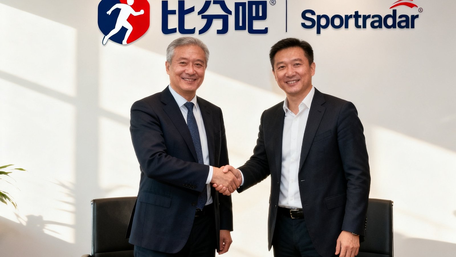 比分吧与Sportradar合作协议签署仪式，双方代表握手合影，背景显示两家公司的品牌标识。